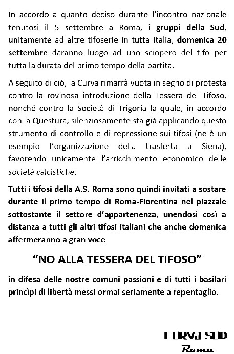 Comunicato Curva Sud per Roma/Fiorentina