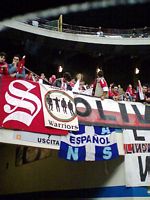 Lo stendardo dell'Espanol tra i tifosi del Benfica